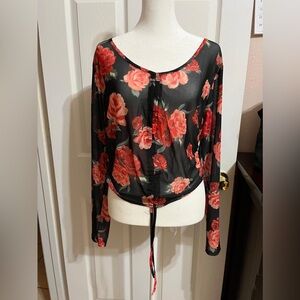 Say What Black and red mesh floral long sleeve top with tie front (E)